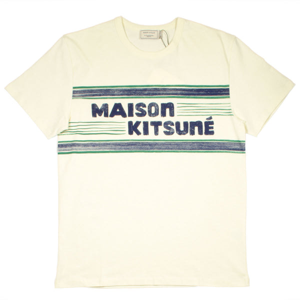 Maison Kitsuné - Letter Stripes T-shirt - Ecru / Navy-Emerald Print