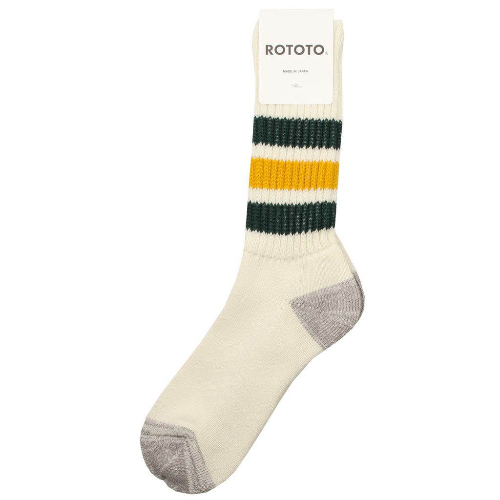 RoToTo - Coarse Ribbed Old School Crew Socks - Dark Green / Yellow