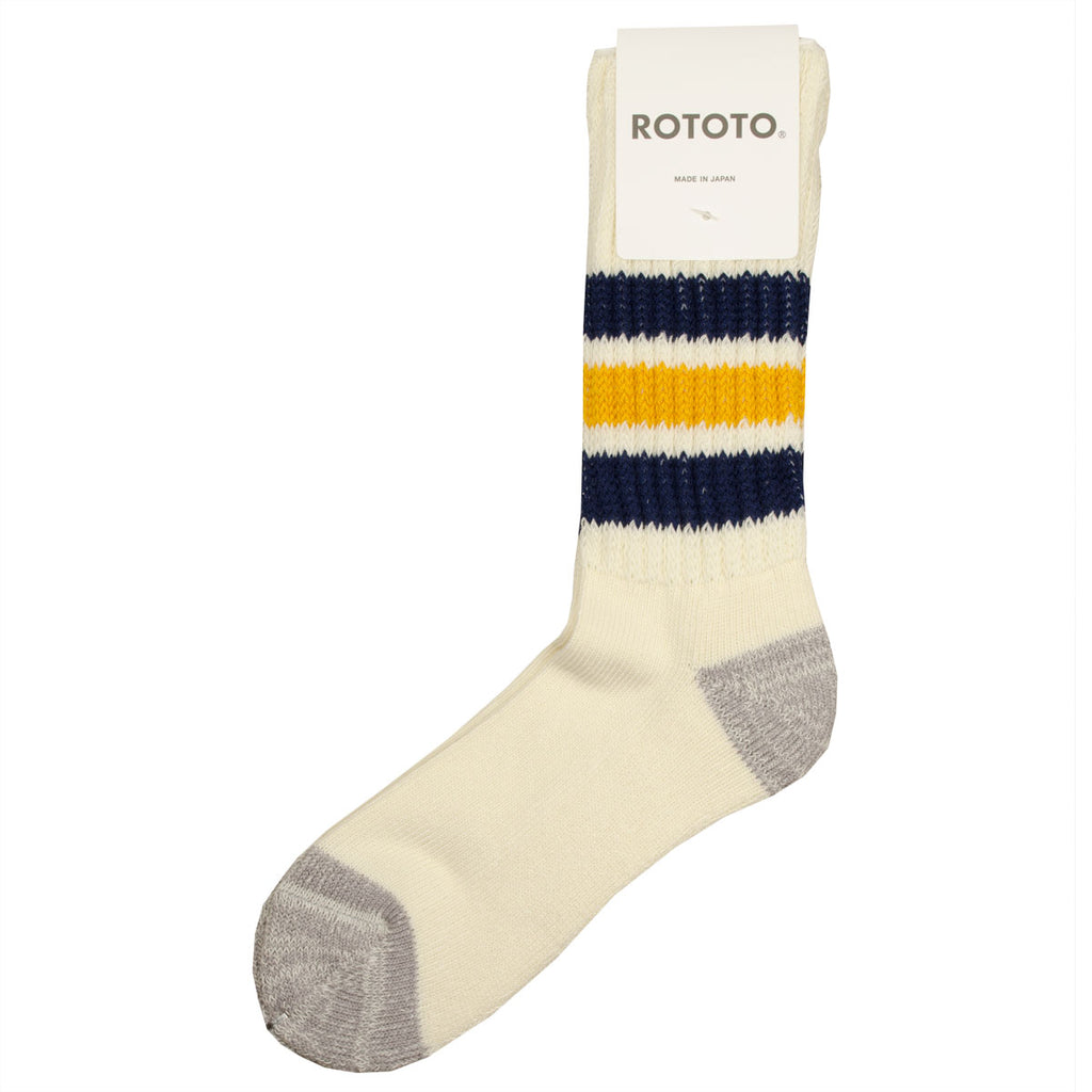 RoToTo - Coarse Ribbed Old School Crew Socks - Navy / Yellow