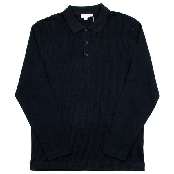 Sunspel - Long Sleeve Textured Polo - Black